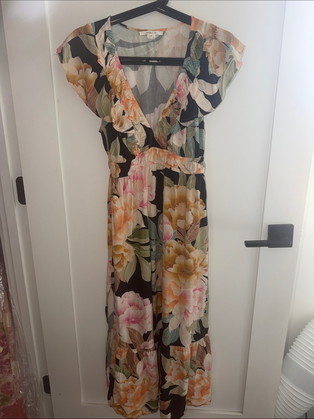 O'Neill Black Maxi Dress with Pink, Yellow & Green Floral Print